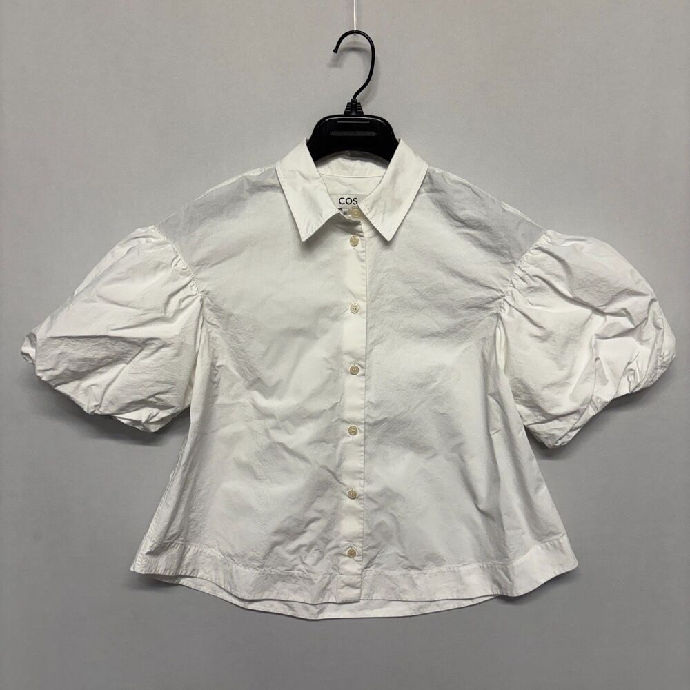 COS Women Puff Sleeve Blouse Top Button Shirt Size 4 White D135 -23